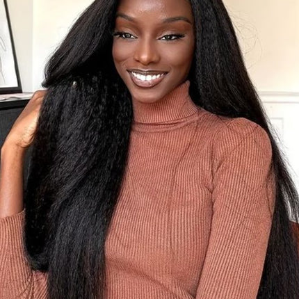 Natural Black Kinky Straight YAKI Human Hair 13x6 Tranparent Lace Front Wig ZSWIG