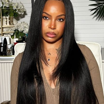 Natural Black Kinky Straight YAKI Human Hair 13x6 Tranparent Lace Front Wig ZSWIG