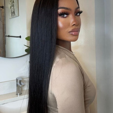 Natural Black Kinky Straight YAKI Human Hair 13x6 Tranparent Lace Front Wig ZSWIG