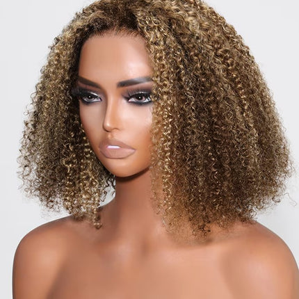 200% Density Kinky Curly P427 Highlight Color 13x4 Transparent Lace Front Short Bob Wig for Women Human Hair