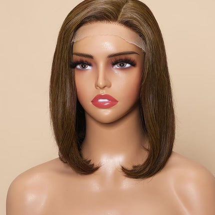 200% Density 4# Chocolate Brown Color 13x4 Transparent Lace Front Short Bob Wig for Women Human Hair Straight