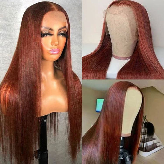 ZSWIG 33# Reddish Brown Straight Human Hair 13x6 Tranparent Lace Front Wig for Women ZSWIG