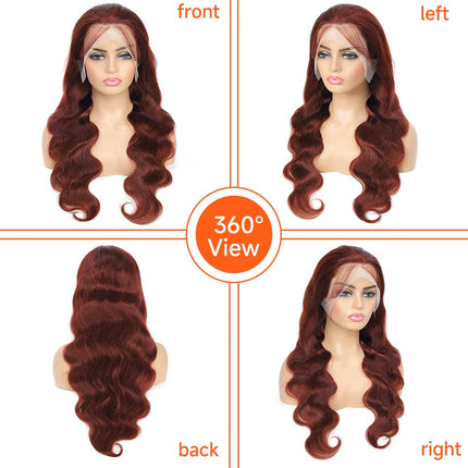 ZSWIG 33# Reddish Brown Body Wave Human Hair 13x4 Tranparent Lace Front Wig