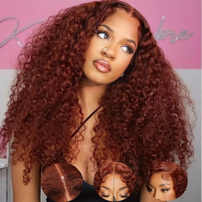 ZSWIG 33# Reddish Brown Jerry Curly Human Hair 13x6 Tranparent Lace Front Wig for Women ZSWIG