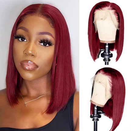 200% Density 99J Burgundy 13x4 Transparent Lace Front Short Bob Wig for Women Human Hair Straight