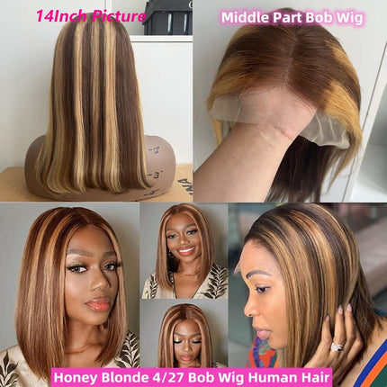 200% Density Highlight Color 13x4 Transparent Lace Front Short Straight Bob Wig for Women Human Hair