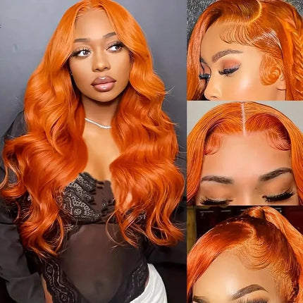 ZSWIG 250% Density 350# Ginger Orange Body Wave Human Hair 13x6 Tranparent Lace Front Wig