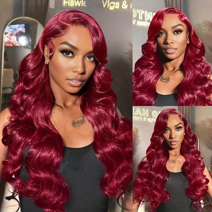 200% Density Body Wave Burgundy 99J Human Hair 13x6 Transparent Lace Front Wig ZSWIG