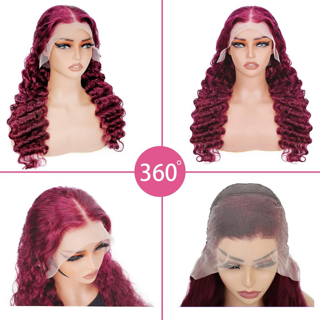 250% Density Burgundy 99J Loose Deep Human Hair 13x6 Transparent Lace Front Wig ZSWIG