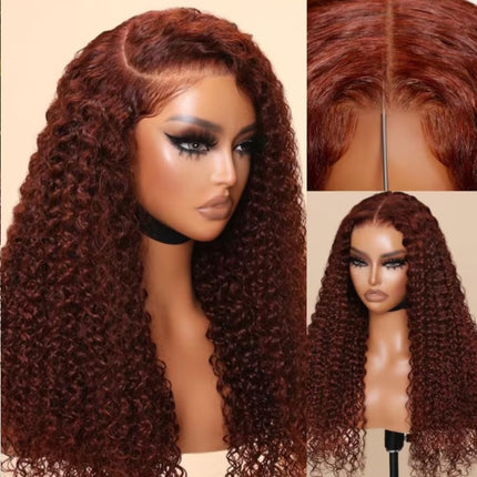 ZSWIG 33# Reddish Brown Jerry Curly Human Hair 13x6 Tranparent Lace Front Wig for Women ZSWIG