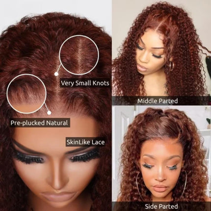 ZSWIG 33# Reddish Brown Jerry Curly Human Hair 13x6 Tranparent Lace Front Wig for Women ZSWIG