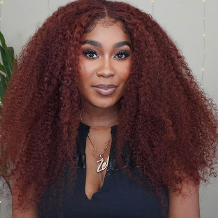 ZSWIG 33# Reddish Brown Kinky Curly Curl Human Hair 13x6 Tranparent Lace Front Wig for Women ZSWIG