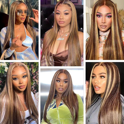 200% Density Straight P427 Highlight Color Human Hair 13x6 Transparent Lace Front Wig for Women ZSWIG