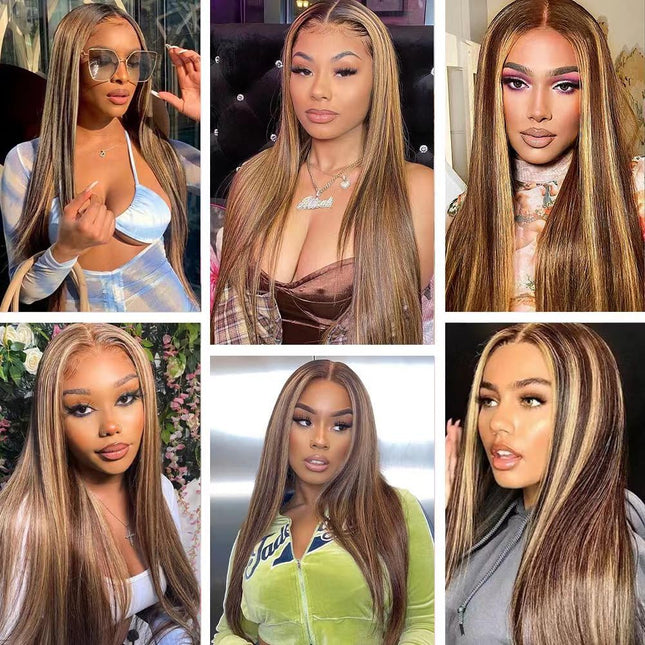 200% Density Straight P427 Highlight Color Human Hair 13x6 Transparent Lace Front Wig for Women ZSWIG