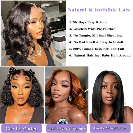 ZSWIG 200% Density 13x4 Tranparent Lace Front Wig Body Wave Wavy Bob Skin Melted Natural Black Color