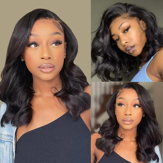 ZSWIG 200% Density 13x4 Tranparent Lace Front Wig Body Wave Wavy Bob Skin Melted Natural Black Color