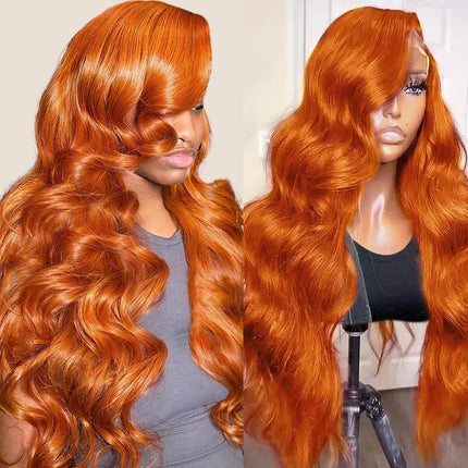 ZSWIG 250% Density 350# Ginger Orange Body Wave Human Hair 13x6 Tranparent Lace Front Wig