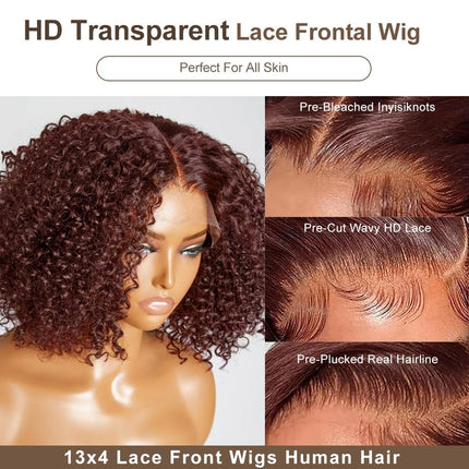 200% Density 33# Reddish Brown 13x4 Transparent Lace Front Short Bob Wig for Women Human Hair Kinky Curly Curl