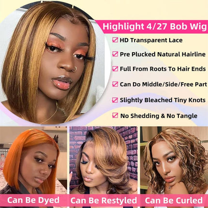 200% Density Highlight Color 13x4 Transparent Lace Front Short Straight Bob Wig for Women Human Hair