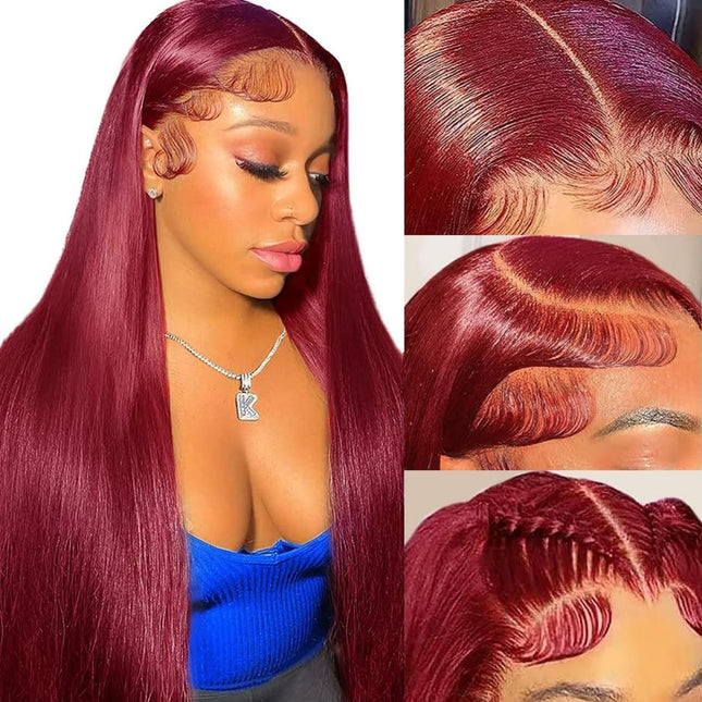 200% Density Straight Burgundy 99J Human Hair 13x6 Transparent Lace Front Wig ZSWIG