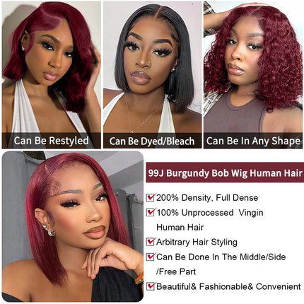 200% Density 99J Burgundy 13x4 Transparent Lace Front Short Bob Wig for Women Human Hair Straight