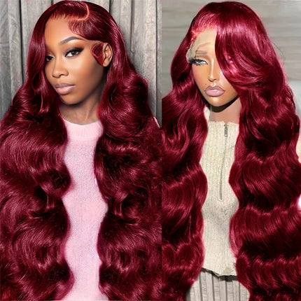 200% Density Body Wave Burgundy 99J Human Hair 13x6 Transparent Lace Front Wig ZSWIG