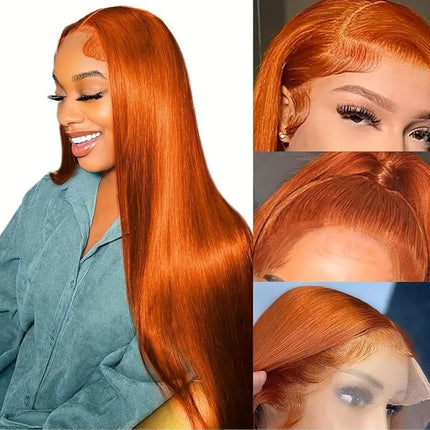 ZSWIG 250% Density 350# Ginger Orange Straight Human Hair 13x6 Tranparent Lace Front Wig