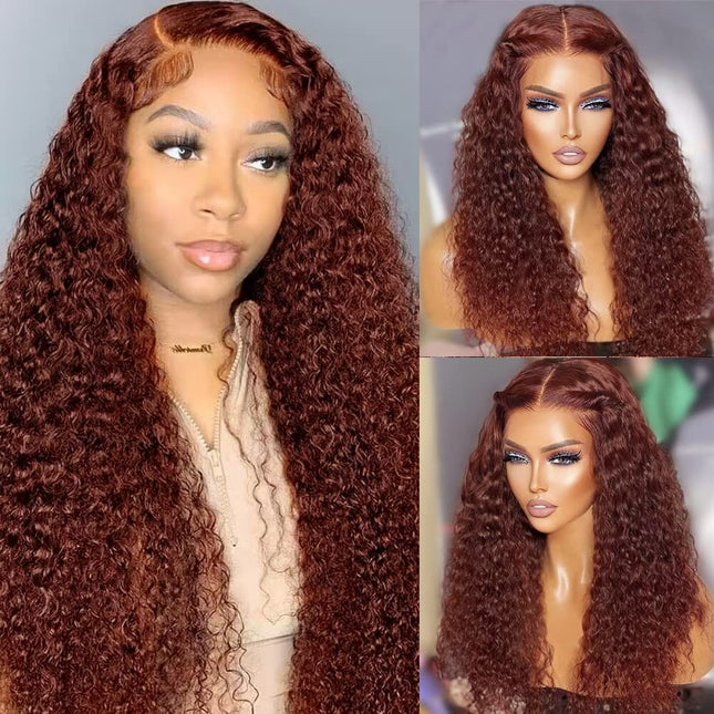 ZSWIG 33# Reddish Brown Water Wave Human Hair 13x6 Tranparent Lace Front Wig for Women ZSWIG