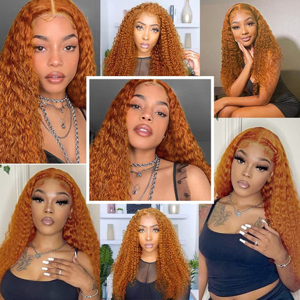 ZSWIG 250% Density 350# Ginger Orange Jerry Curly Curl Human Hair 13x6 Tranparent Lace Front Wig