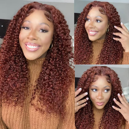 ZSWIG 33# Reddish Brown Jerry Curly Human Hair 13x6 Tranparent Lace Front Wig for Women ZSWIG