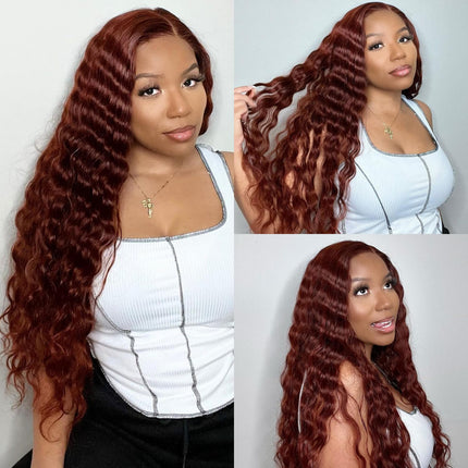 ZSWIG 33# Reddish Brown Loose Deep Human Hair 13x6 Tranparent Lace Front Wig for Women ZSWIG