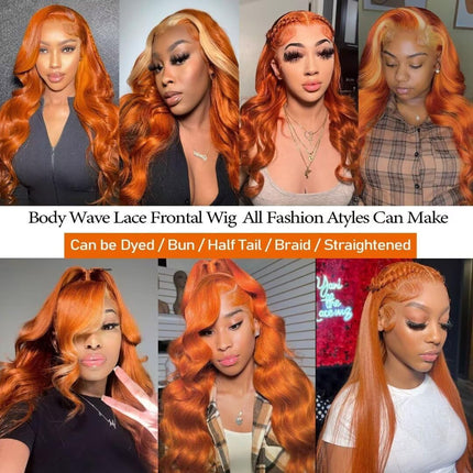 ZSWIG 250% Density 350# Ginger Orange Body Wave Human Hair 13x6 Tranparent Lace Front Wig