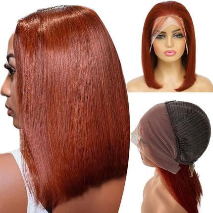 200% Density 33# Reddish Brown 13x4 Transparent Lace Front Short Bob Wig for Women Human Hair Straight