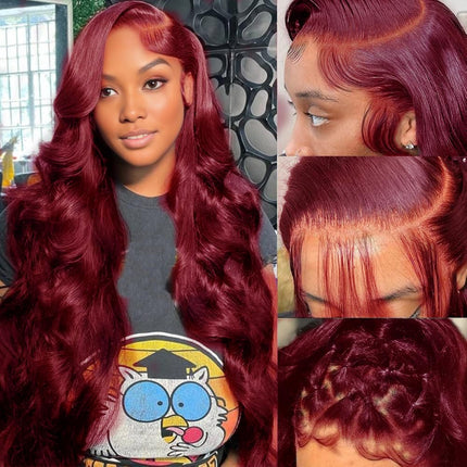 200% Density Body Wave Burgundy 99J Human Hair 13x6 Transparent Lace Front Wig ZSWIG