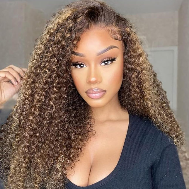 200% Density Kinky Curly Curl P427 Highlight Color Human Hair 13x6 Transparent Lace Front Wig for Women ZSWIG