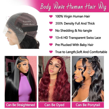 Natural Black Body Wave Human Hair 13x6 Tranparent Lace Front Wig ZSWIG