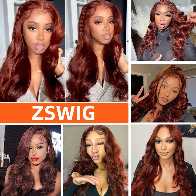 ZSWIG 33# Reddish Brown Body Wave Human Hair 13x4 Tranparent Lace Front Wig