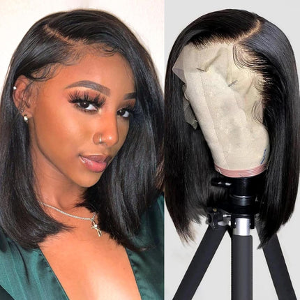 ZSWIG 200% Density 13x4 Tranparent Lace Front Wig Short Straight Bob Skin Melted Natural Black Color