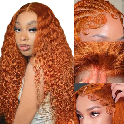 ZSWIG 250% Density 350# Ginger Orange Loose Deep Human Hair 13x6 Tranparent Lace Front Wig