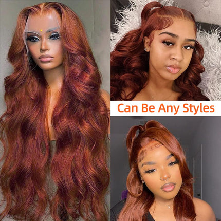 ZSWIG 33# Reddish Brown Body Wave Human Hair 13x4 Tranparent Lace Front Wig