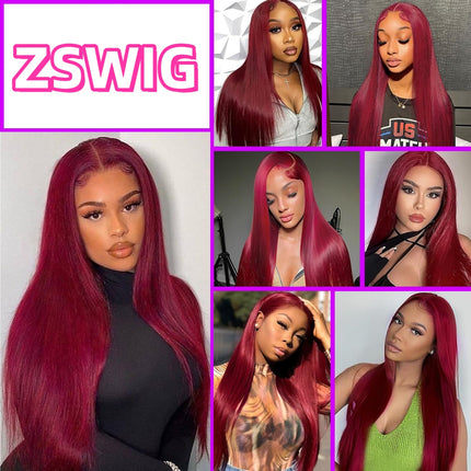 200% Density Straight Burgundy 99J Human Hair 13x6 Transparent Lace Front Wig ZSWIG