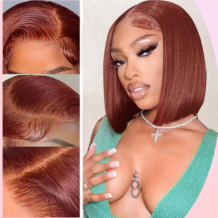 200% Density 33# Reddish Brown 13x4 Transparent Lace Front Short Bob Wig for Women Human Hair Straight