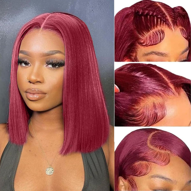 200% Density 99J Burgundy 13x4 Transparent Lace Front Short Bob Wig for Women Human Hair Straight