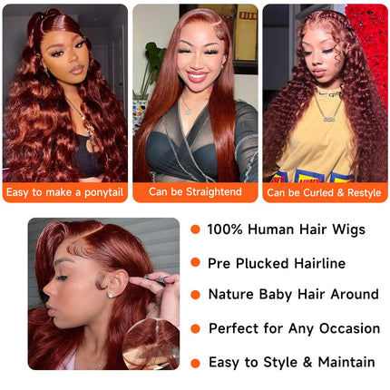 ZSWIG 33# Reddish Brown Body Wave Human Hair 13x4 Tranparent Lace Front Wig