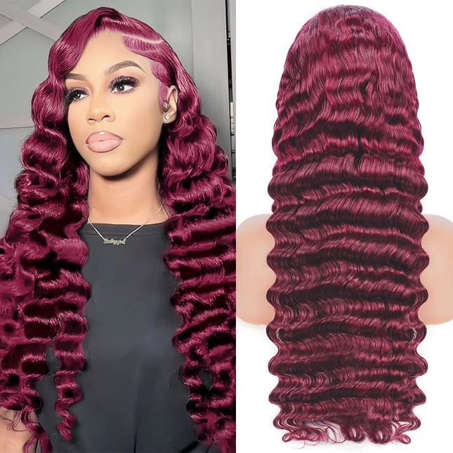 250% Density Burgundy 99J Loose Deep Human Hair 13x6 Transparent Lace Front Wig ZSWIG