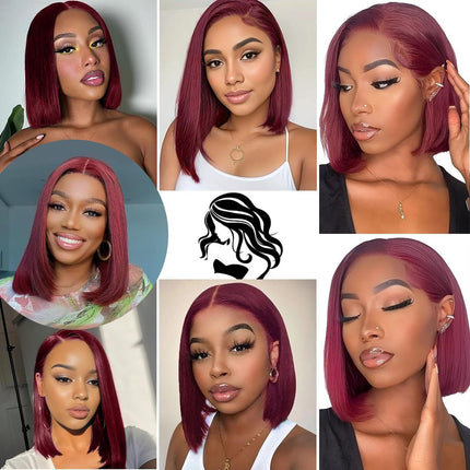 200% Density 99J Burgundy 13x4 Transparent Lace Front Short Bob Wig for Women Human Hair Straight