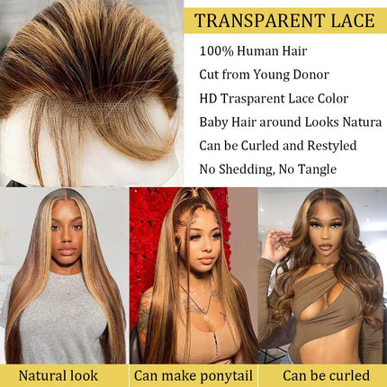 200% Density Straight P427 Highlight Color Human Hair 13x6 Transparent Lace Front Wig for Women ZSWIG