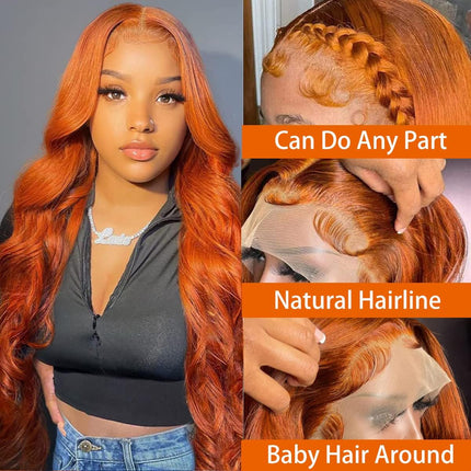 ZSWIG 250% Density 350# Ginger Orange Body Wave Human Hair 13x6 Tranparent Lace Front Wig