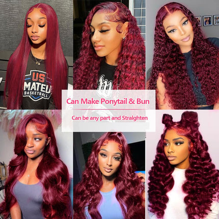 200% Density Body Wave Burgundy 99J Human Hair 13x6 Transparent Lace Front Wig ZSWIG