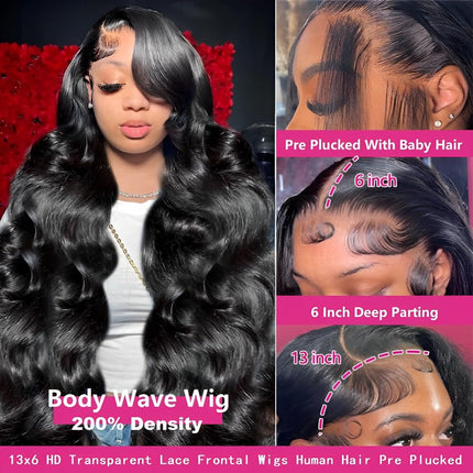 Natural Black Body Wave Human Hair 13x6 Tranparent Lace Front Wig ZSWIG